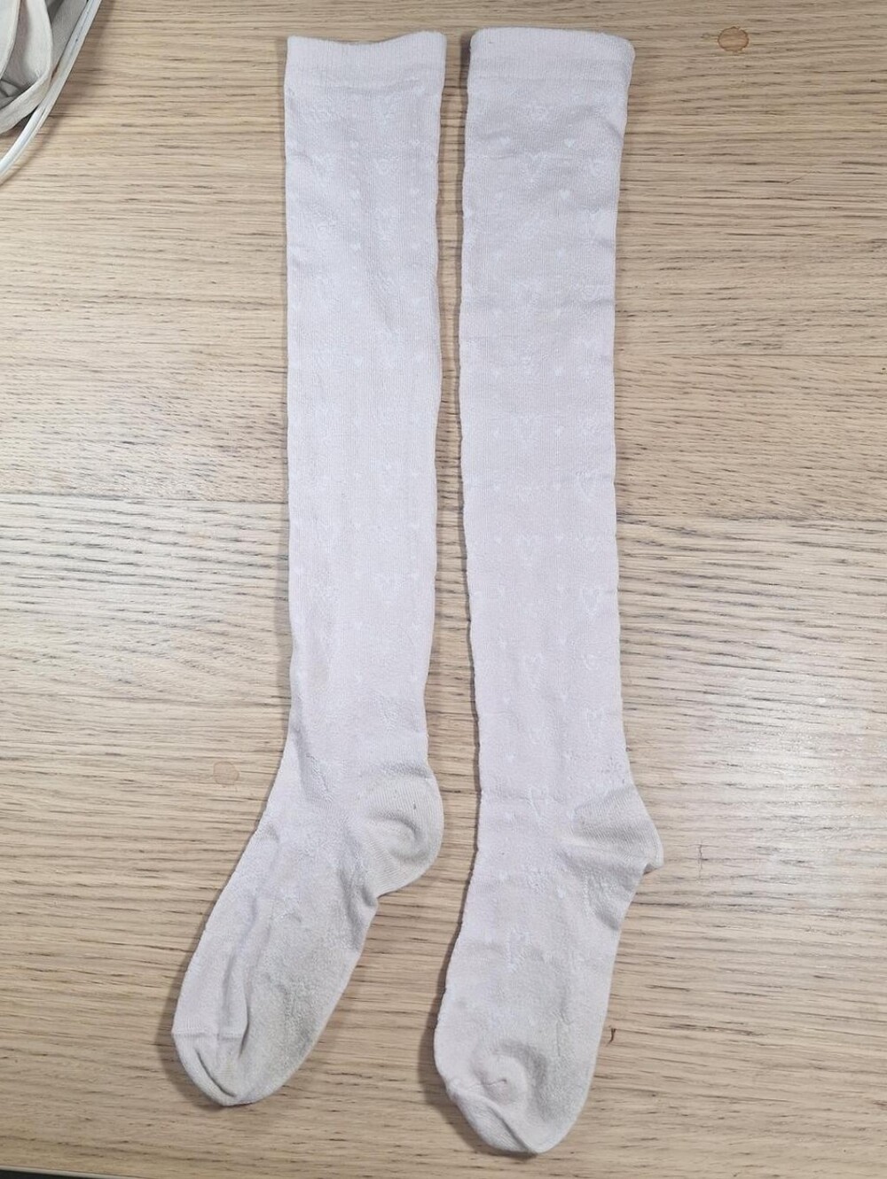 Innocent World Pale Pink Embossed Heart OTK Socks | Sweet Lolita